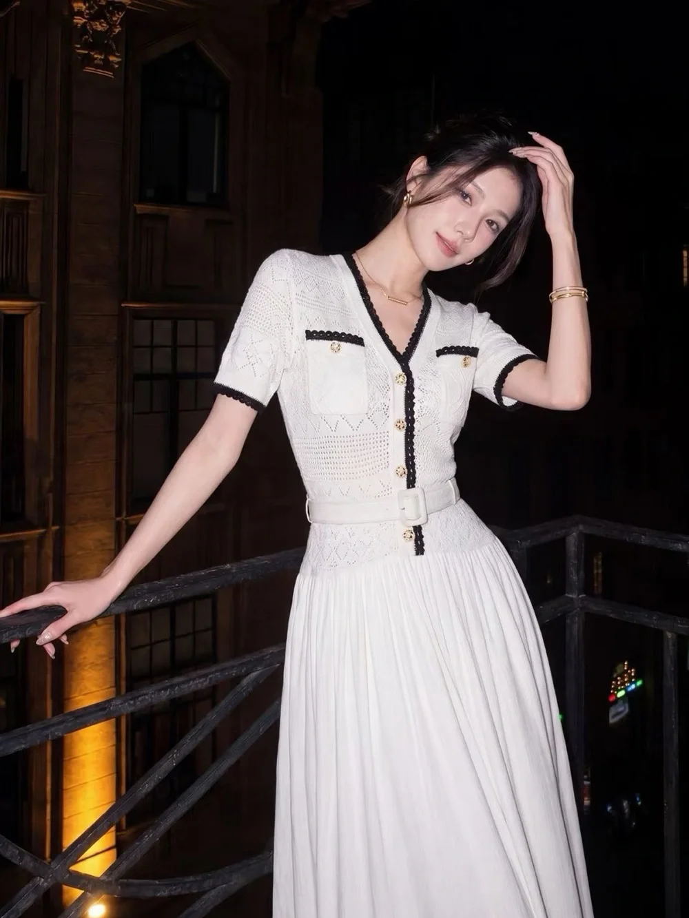 NWOT Self-Portrait White Knit Belted Midi Dress, Size XS/S/M/L - Picture 3 of 6